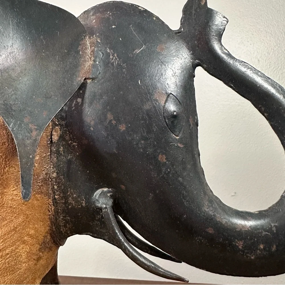 Pier 1 Imports Tropical Hardwood and Tin Hand Carved Elephant Figurine 10” Decor